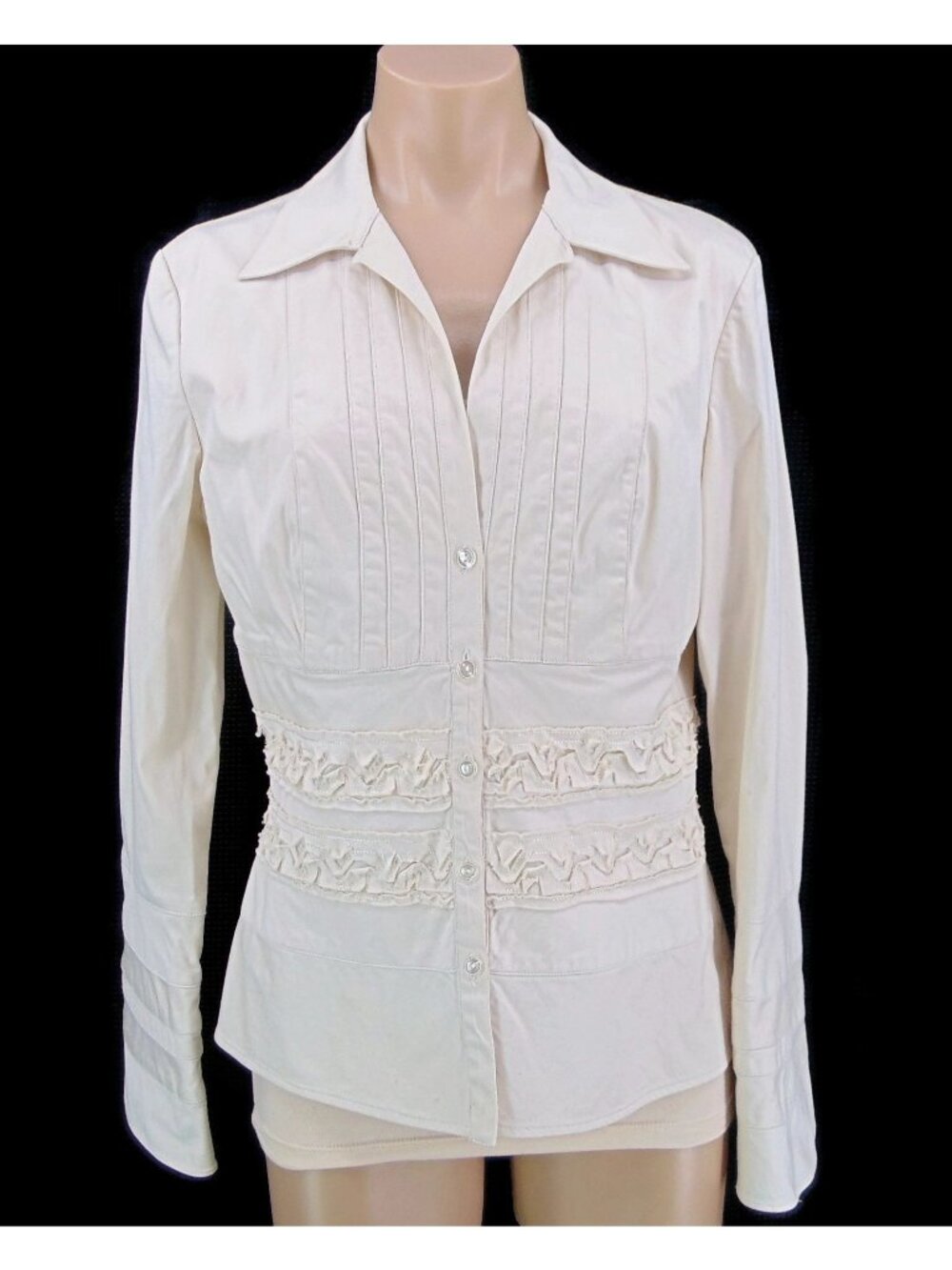 Kay Unger Beige Stretch Blazer 12 V Neck Collar Pleated Ribbon Trim Waist Flared